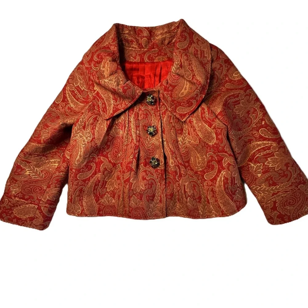 Custom Red Gold Paisley Brocade Jacket Womens Small Blazer Wide Collar Victorian